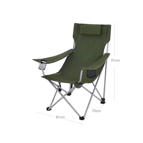 Rootz Green Camping Chair - Outdoor Chair - Folding Chair - Soft Headrest & Armrests - 81cm x 70cm x 91cm