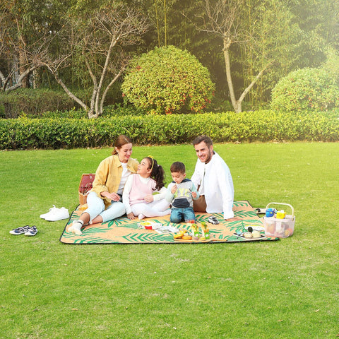 Rootz Picknickkleed - Outdoormat - Strandkleed - Waterdicht polyester - Lichtgewicht schuimvulling - Aluminium coating - 200cm x 150cm - Oranje met tropische varen