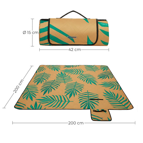 Rootz Picknickkleed - Outdoormat - Strandkleed - Waterdicht polyester - Lichtgewicht schuimvulling - Aluminium coating - 200cm x 150cm - Oranje met tropische varen
