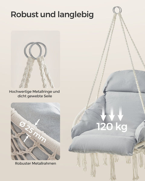 Rootz Bohemian Hanging Chair - Scandinavian Swing Seat - Cozy Hammock Chair - Cotton/Metal - 133cm x 80cm x 60cm. Relaxing Tasseled Swing Chair - Beige