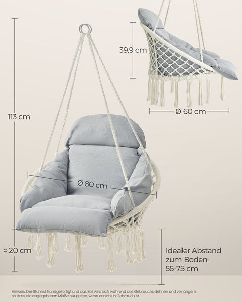 Rootz Bohemian Hanging Chair - Scandinavian Swing Seat - Cozy Hammock Chair - Cotton/Metal - 133cm x 80cm x 60cm. Relaxing Tasseled Swing Chair - Beige