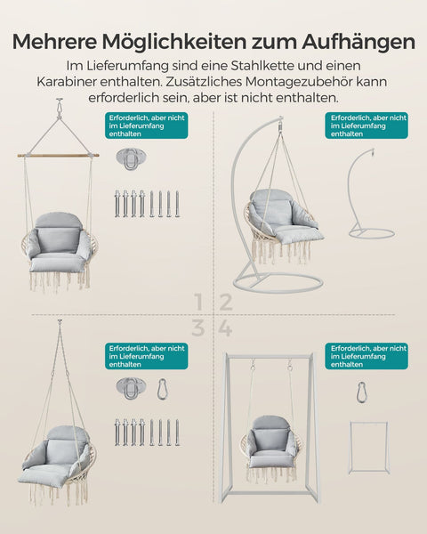 Rootz Bohemian Hanging Chair - Scandinavian Swing Seat - Cozy Hammock Chair - Cotton/Metal - 133cm x 80cm x 60cm. Relaxing Tasseled Swing Chair - Beige