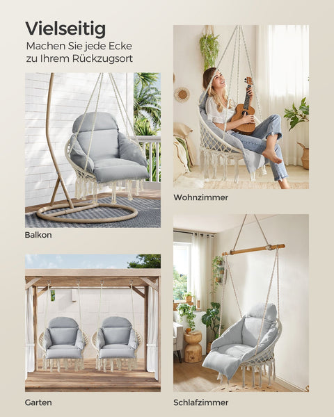 Rootz Bohemian Hanging Chair - Scandinavian Swing Seat - Cozy Hammock Chair - Cotton/Metal - 133cm x 80cm x 60cm. Relaxing Tasseled Swing Chair - Beige
