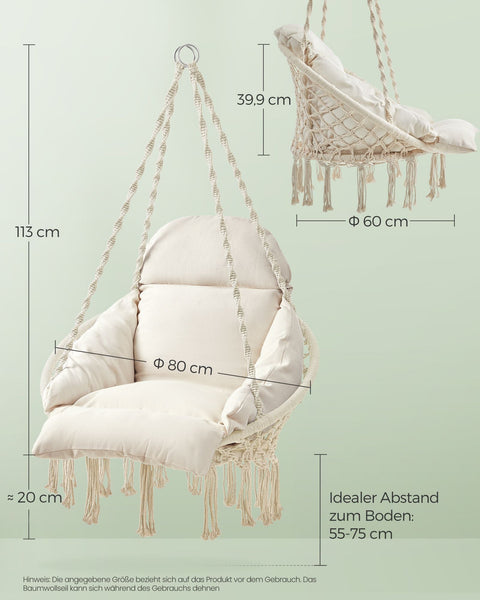 Rootz Hanging Chair Set - Hammock Chair - Swing Chair - Thick Cushion - 133cm x 60cm x 80cm