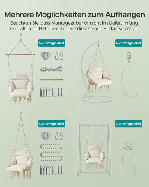 Rootz Hanging Chair Set - Hammock Chair - Swing Chair - Thick Cushion - 133cm x 60cm x 80cm