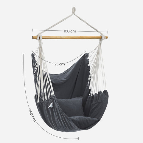 Rootz Hanging Chair Set - Hammock Seat - Suspended Chair - Includes Two Cushions - 148cm x 125cm Seat - Grey - Supports 150kg
