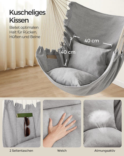 Rootz Hanging Chair Set - Hammock Chair - Swing Seat - Comfy Cushions - 150cm x 128cm - Relaxation - Grey