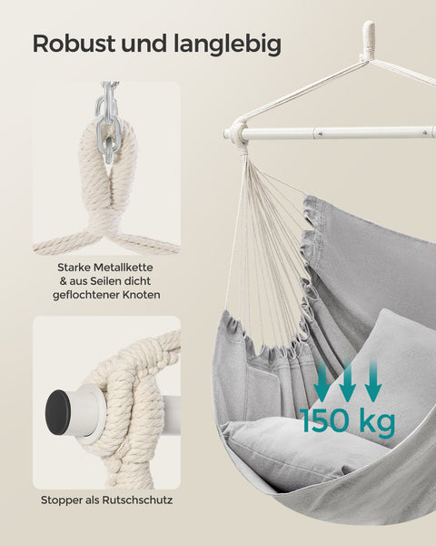 Rootz Hanging Chair Set - Hammock Chair - Swing Seat - Comfy Cushions - 150cm x 128cm - Relaxation - Grey