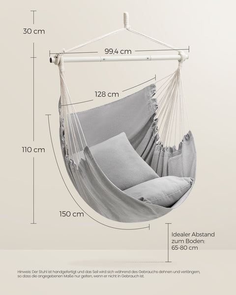 Rootz Hanging Chair Set - Hammock Chair - Swing Seat - Comfy Cushions - 150cm x 128cm - Relaxation - Grey