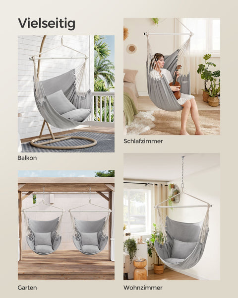 Rootz Hanging Chair Set - Hammock Chair - Swing Seat - Comfy Cushions - 150cm x 128cm - Relaxation - Grey