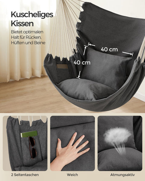 Rootz Hanging Chair - Hammock Chair - Swing Chair - Comfort & Style - 150cm x 128cm x 140cm - Grey