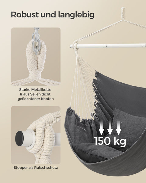 Rootz Hanging Chair - Hammock Chair - Swing Chair - Comfort & Style - 150cm x 128cm x 140cm - Grey