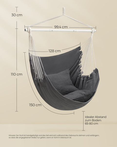 Rootz Hanging Chair - Hammock Chair - Swing Chair - Comfort & Style - 150cm x 128cm x 140cm - Grey
