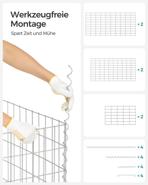 Rootz Galvanized Steel Gabion Set - Metal Mesh - Spiral Stick - Spacer Hooks - Heavy Duty - 100cm x 50cm x 30cm - Silver - 75kg
