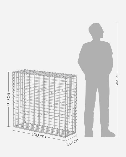 Rootz Galvanized Steel Gabion Set - Silver Mesh - Spiral Stick - Landscaping Stones - 100cm x 90cm x 30cm, Heavy Duty
