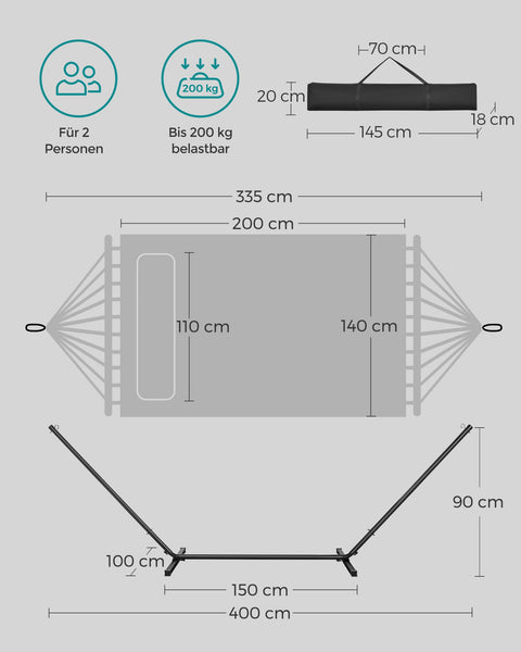 Rootz Hammock with Stand - Swing Bed - Hanging Chair - Steel Frame - Polyester Material - 400cm x 100cm x 90cm
