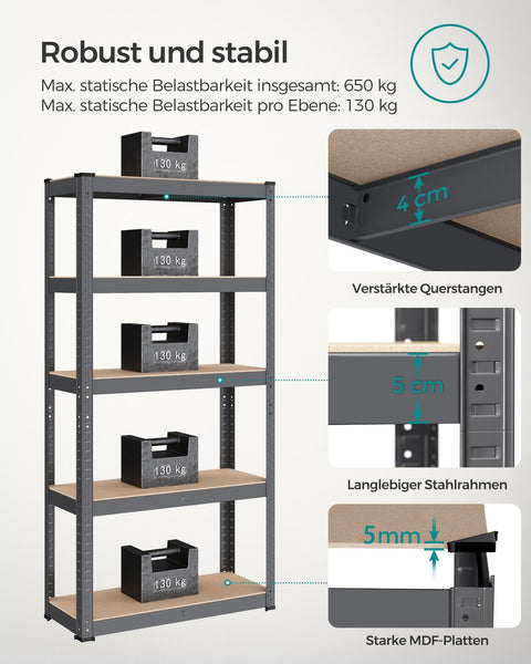 Rootz Steel Frame Heavy Duty Shelf - Gray Shelf - Adjustable Shelves - Galvanized Steel - MDF - 30cm x 75cm x 150cm