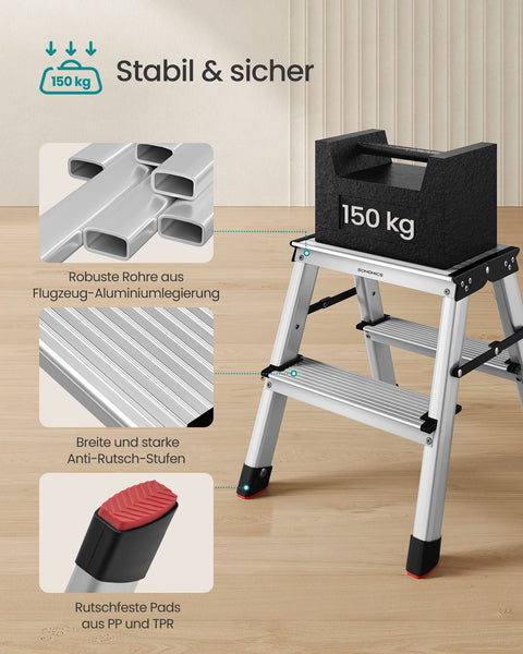 Rootz Folding Step Ladder - Portable Stool - Lightweight Staircase - Aluminum Plastic - 45cm x 35.5cm x 38cm - 19cm Folded - 1.8kg - 150kg Capacity