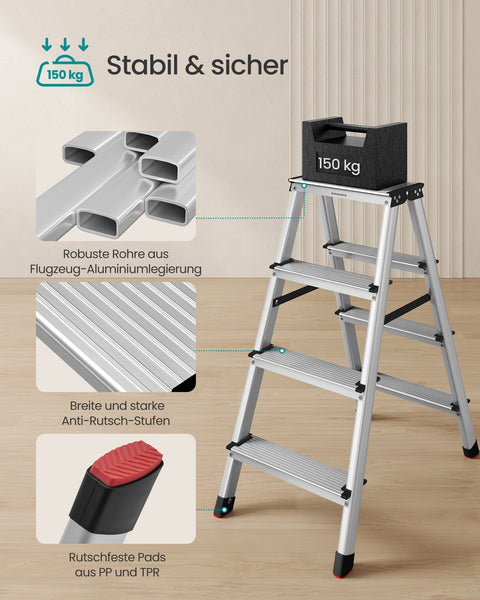Rootz Aluminum Step Ladder - Foldable Ladder - Non-Slip Steps - Lightweight Design - 78cm x 42cm x 81.5cm