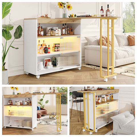 Rootz Extendable Bar Table - Modern Bar Table - Movable Bar Table - Storage Space - LED Lighting - 138-204x39x105cm