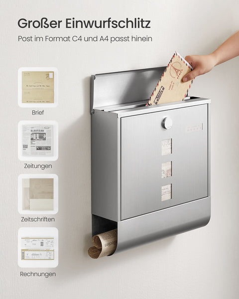 Rootz Mailbox with Silver Copper Lock Cylinder - Post Box - Letterbox - Galvanized Steel - Secure Lock - 11cm x 37cm x 37cm