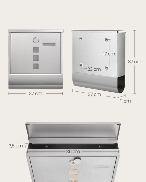 Rootz Mailbox with Silver Copper Lock Cylinder - Post Box - Letterbox - Galvanized Steel - Secure Lock - 11cm x 37cm x 37cm