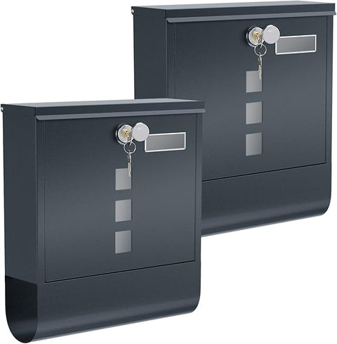 Rootz 2 Piece Set Wall Mailbox - Outdoor Mailbox - Locking Mailbox - Copper Lock Cylinder - Rotating Cover - Anthracite - 9.5cm x 30.5cm x 33.3cm