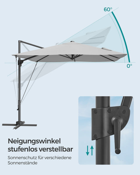Rootz Crank Operated Dove Gray Parasol - Cantilever Umbrella - Steel Frame - 270cm x 270cm - 240cm Height - Cross Base.