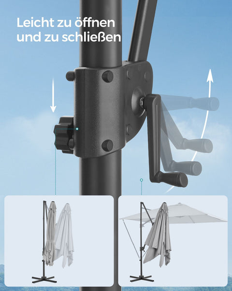 Rootz Crank Operated Dove Gray Parasol - Cantilever Umbrella - Steel Frame - 270cm x 270cm - 240cm Height - Cross Base.