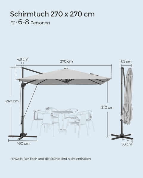 Rootz Crank Operated Dove Gray Parasol - Cantilever Umbrella - Steel Frame - 270cm x 270cm - 240cm Height - Cross Base.