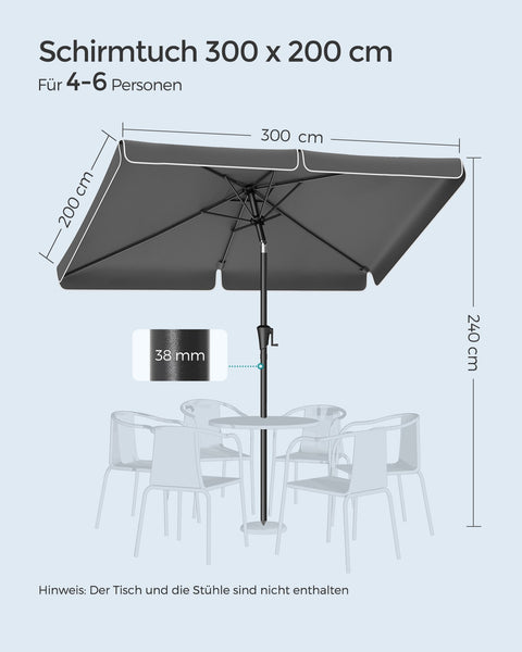 Rootz Rectangular Balcony Umbrella - Parasol - Sunshade - UV Protection - 300cm x 200cm x 240cm - Grey