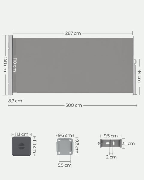 Rootz Side Awning - Retractable Screen - Rust-Resistant Privacy Shield - Steel Box Frame - 140cm x 300cm