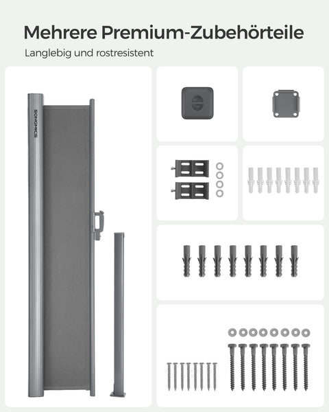 Rootz Grey Extendable Side Awning - Retractable Shade - Outdoor Barrier - Rust-Resistant - 1.8m x 3.5m