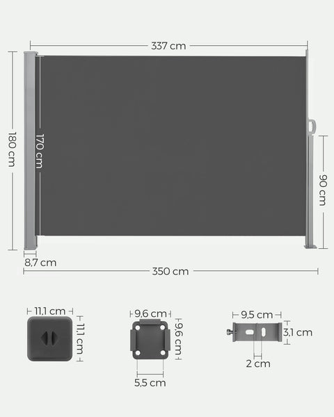 Rootz Grey Side Awning - Privacy Screen - Sun Shade - UV Protection - 180cm x 350cm