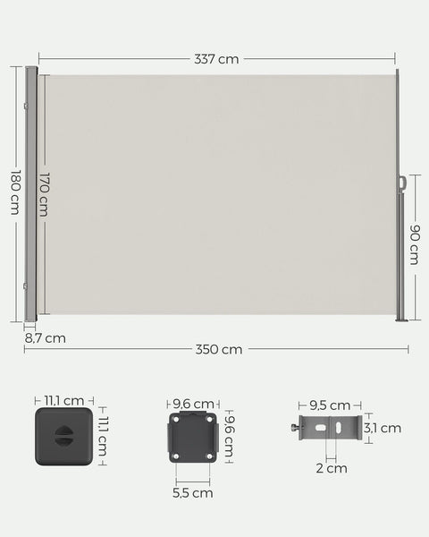 Rootz 180 x 350 cm Side Awning - Privacy Screen - Sun Shade - White - UV Protection - Powder Coated Iron