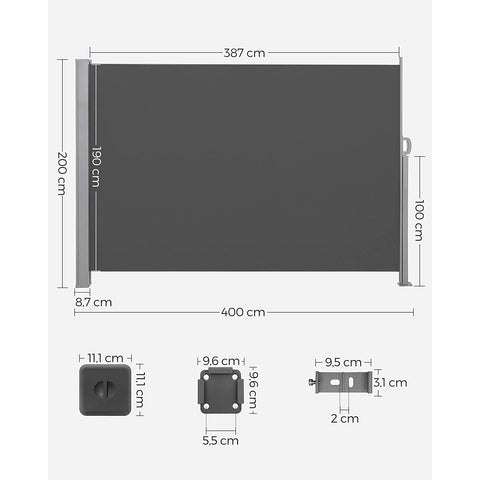 Rootz Extendable Side Awning - Retractable Privacy Screen - Sun Shade - Weather Resistant - 200cm x 400cm -Grey