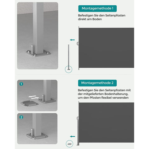 Rootz Extendable Side Awning - Retractable Privacy Screen - Sun Shade - Weather Resistant - 200cm x 400cm -Grey