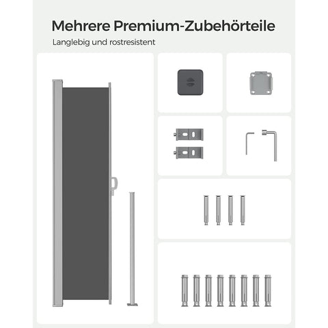 Rootz Extendable Side Awning - Retractable Privacy Screen - Sun Shade - Weather Resistant - 200cm x 400cm -Grey