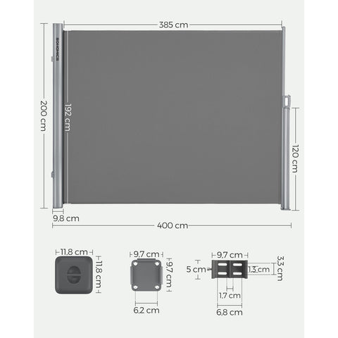 Rootz Extendable Side Awning - Retractable Screen - Privacy Shade - UV Protection - 200cm x 400cm