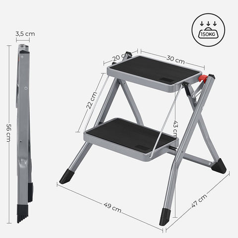 Rootz 2 Step Stepladder - Folding Step Stool - Stable Construction - Steel - 50cm x 59.5cm x 44cm