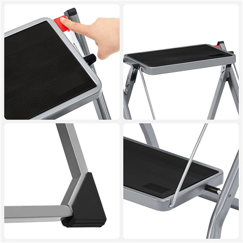 Rootz 2 Step Stepladder - Folding Step Stool - Stable Construction - Steel - 50cm x 59.5cm x 44cm