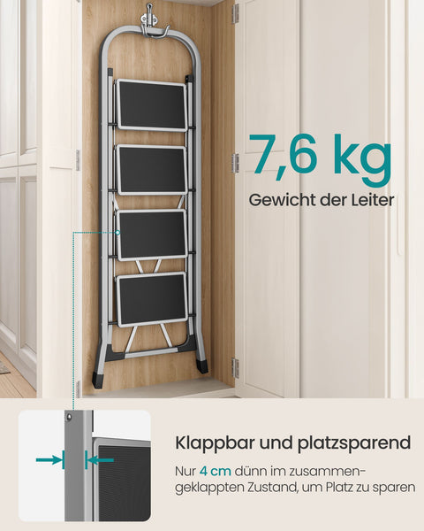 Rootz Steel Folding Ladder - Step Stool - Heavy-duty - 89cm x 45cm x 127cm - Lightweight - Dove Gray - 7.6kg - Max Load 150kg