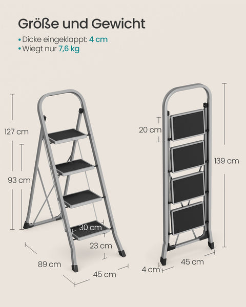 Rootz Steel Folding Ladder - Step Stool - Heavy-duty - 89cm x 45cm x 127cm - Lightweight - Dove Gray - 7.6kg - Max Load 150kg