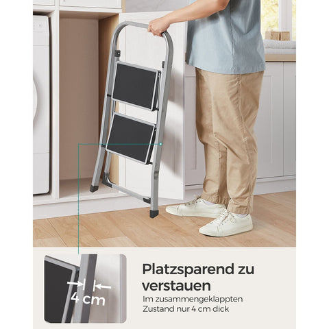 Rootz 2 Step Steel Ladder - Folding Stepstool - Gray - Steel - 45.5cm x 82cm x 55cm - Lightweight - Max. 150kg Load Capacity