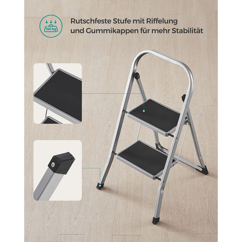 Rootz 2 Step Steel Ladder - Folding Stepstool - Gray - Steel - 45.5cm x 82cm x 55cm - Lightweight - Max. 150kg Load Capacity