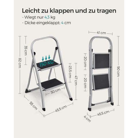Rootz 2 Step Steel Ladder - Folding Stepstool - Gray - Steel - 45.5cm x 82cm x 55cm - Lightweight - Max. 150kg Load Capacity