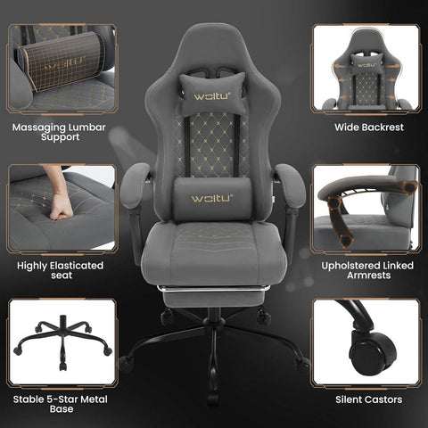 Rootz Massage Gaming Chair - Office Chair with Lumbar Support - Ergonomic Computer Chair - Adjustable Headrest - 64cm x 119.5-127cm x 54cm