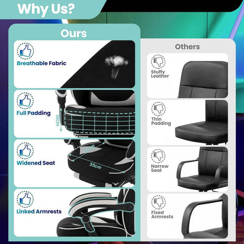 Rootz Gaming Chair with Footrest - Office Chair - Adjustable Reclining Seat - Ergonomic Design - Leathaire Fabric - 55cm x 51cm x 76.5cm
