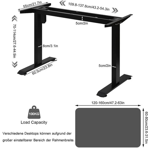 Rootz Adjustable Desk Frame - Electric Standing Desk - Motorized Sit-Stand Workstation - Ergonomic Design, Memory Settings, Safety Features - 70cm-114cm x 110cm-138cm