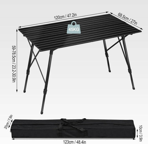 Rootz Aluminum Camping Table - Portable Folding Table - Adjustable Picnic Table - Weather-Resistant, Lightweight, Sturdy - 68.5cm x 59-78.5cm x 120cm